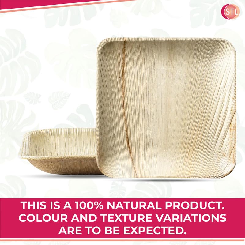 STL Disposable Square Palm Leaf Plates, Microwave & Oven Safe Durable Dinnerware for Hot and Cold Foods, Perfect for Weddings, Parties, and Outdoor Events