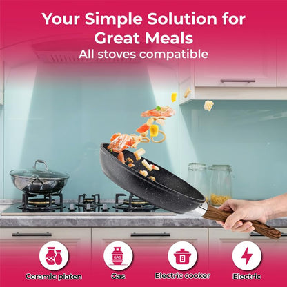 STL Copper Frying Pan Non-Stick, Durable, Wooden Handle, Anti-Scratch Granite Coating, Compatible with Induction, Electric & Gas Hobs, Ergonomic Soft Grip