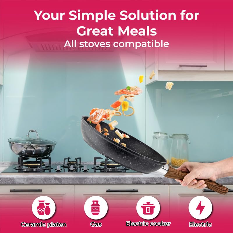 STL Copper Frying Pan Non-Stick, Durable, Wooden Handle, Anti-Scratch Granite Coating, Compatible with Induction, Electric & Gas Hobs, Ergonomic Soft Grip