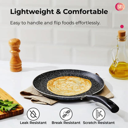STL Non-Stick Crepe and Pancake Frying Pan, Flat Aluminum Skillet for Omelets, Chapati, Roti and Tawa, Induction Compatible, PFOA-Free, Cool Touch Handle