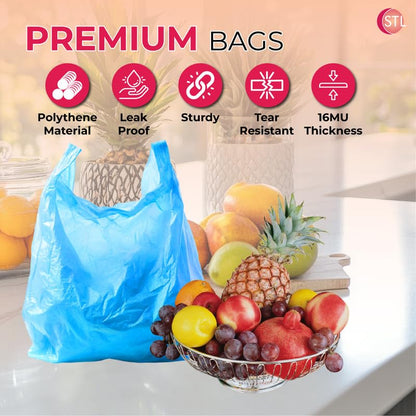 STL Heavy-Duty Blue Plastic Vest Carrier Bags with Handles, Tear-Resistant and Leak-Proof Multi-Purpose Bags for Groceries, Shopping, Takeaways, and Storage