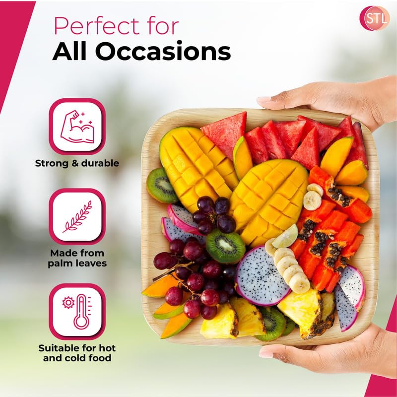 STL Disposable Square Palm Leaf Plates, Microwave & Oven Safe Durable Dinnerware for Hot and Cold Foods, Perfect for Weddings, Parties, and Outdoor Events