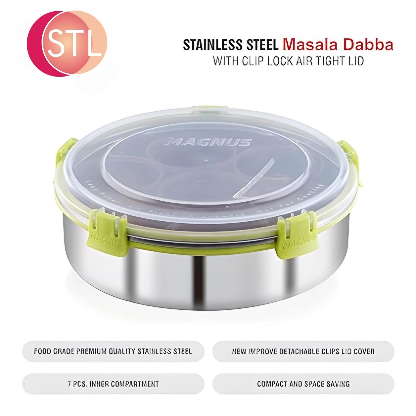 STL Masala Dabba (Spice Box) | Authentic Indian Style Stainless Steel Masala Dabba | with 7 Removable Compartments & 2 Spoons | See through Lid |