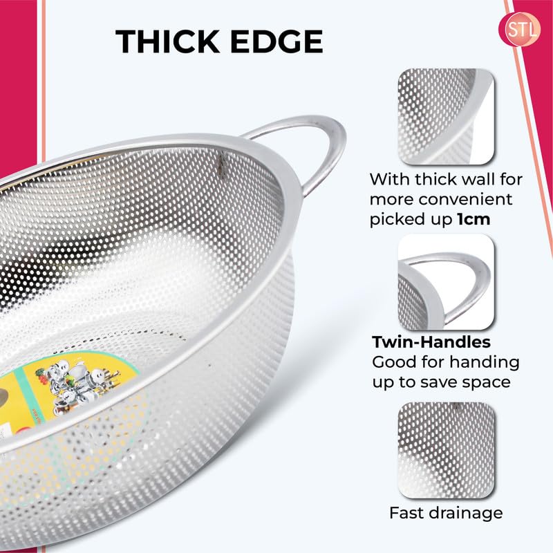 STL Steel Colander with Double Handles 16.5cm, Micro-Perforated for Draining Pasta, Rice, Fruits, Vegetables, Dishwasher Safe Kitchen Strainer, Metal Food Filter, Easy to Clean and Durable