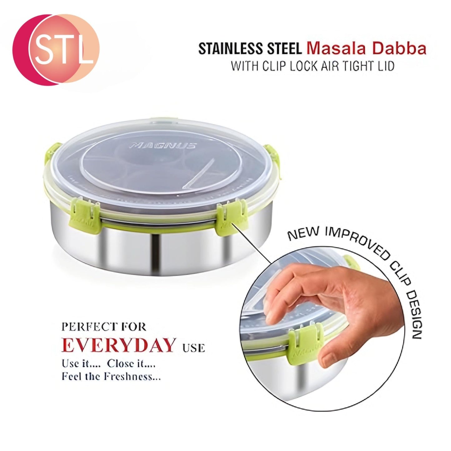 STL Masala Dabba (Spice Box) | Authentic Indian Style Stainless Steel Masala Dabba | with 7 Removable Compartments & 2 Spoons | See through Lid |
