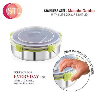 STL Masala Dabba (Spice Box) | Authentic Indian Style Stainless Steel Masala Dabba | with 7 Removable Compartments & 2 Spoons | See through Lid |