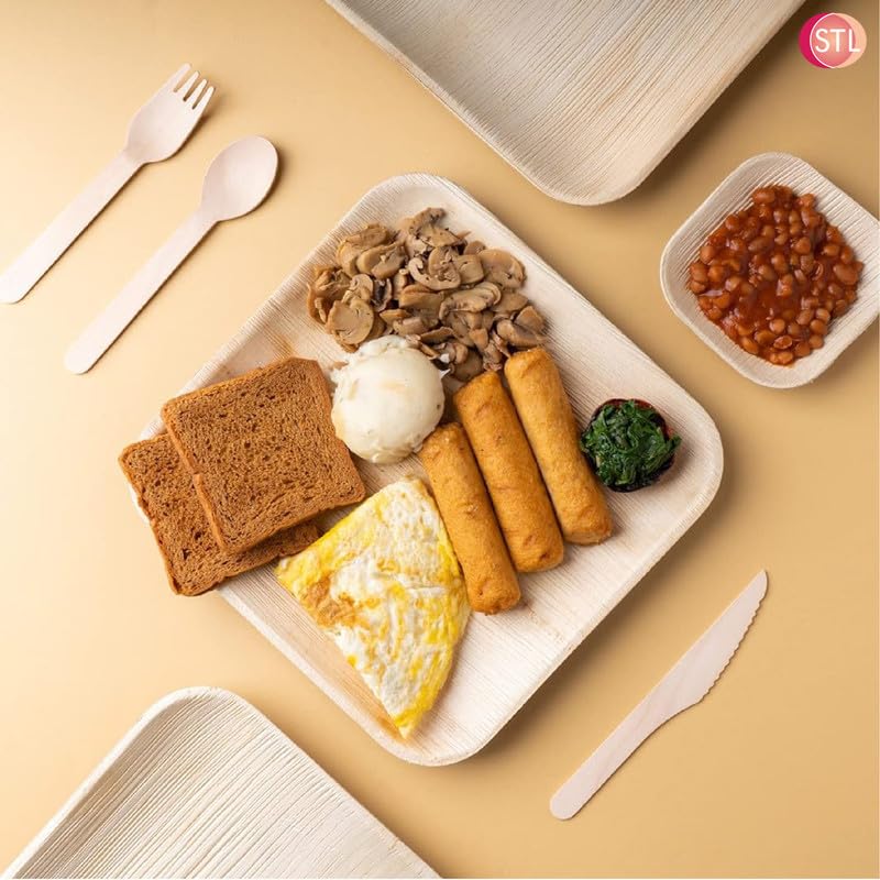 STL Disposable Square Palm Leaf Plates, Microwave & Oven Safe Durable Dinnerware for Hot and Cold Foods, Perfect for Weddings, Parties, and Outdoor Events