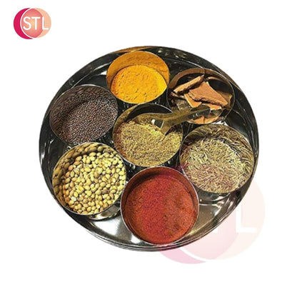 STL Masala Dabba (Spice Box) | Authentic Indian Style Stainless Steel Masala Dabba | with 7 Removable Compartments & 2 Spoons | See through Lid |