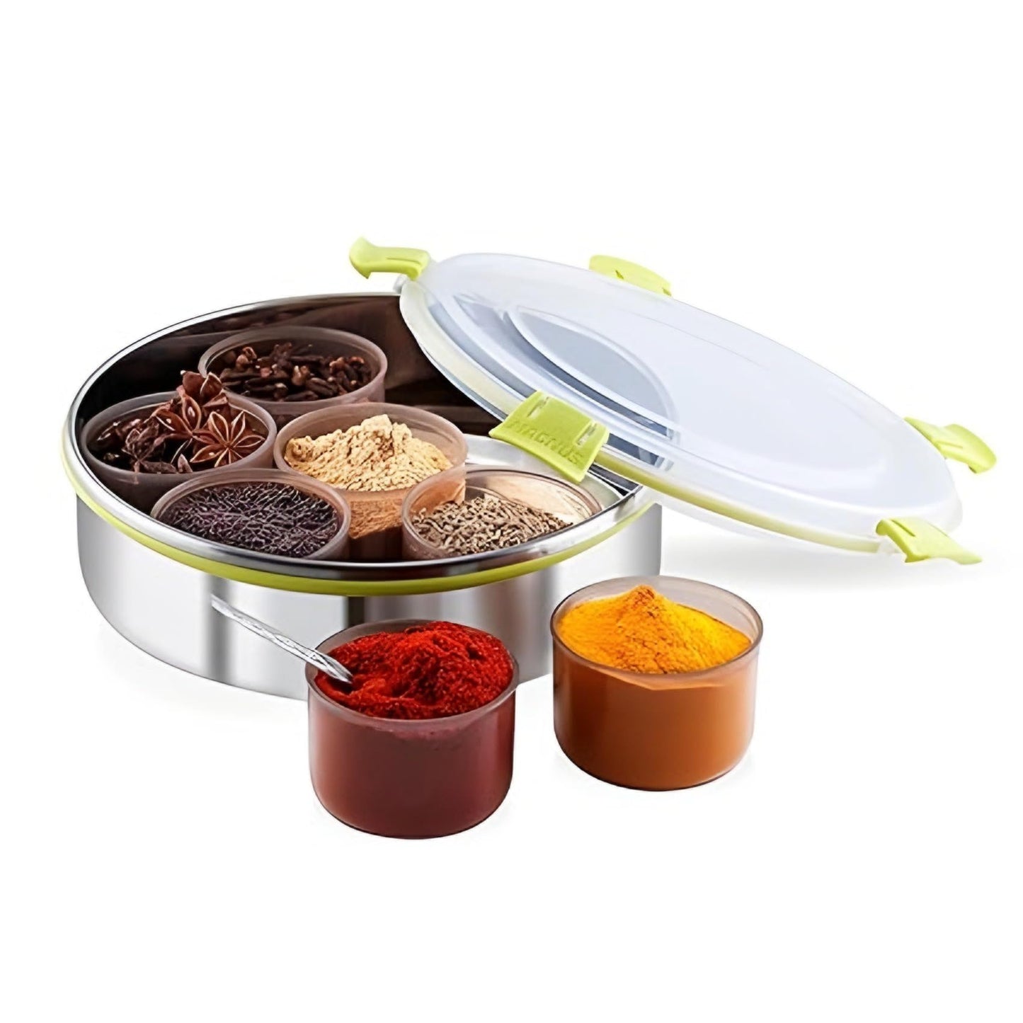 STL Masala Dabba (Spice Box) | Authentic Indian Style Stainless Steel Masala Dabba | with 7 Removable Compartments & 2 Spoons | See through Lid |