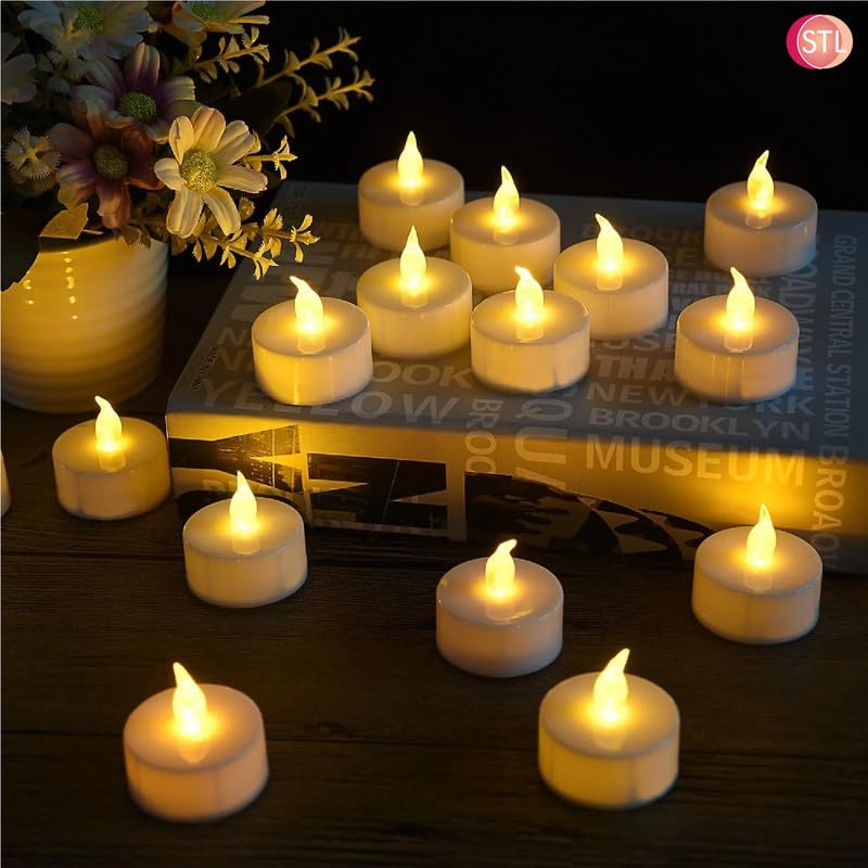 STL Battery Operated Flameless LED Tea Lights Candles, Warm Yellow Flickering Light, 150+ Hours Continuous Use, Safe and Realistic, Perfect for Weddings, Parties and Seasonal Decorations