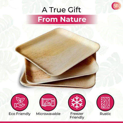 STL Disposable Square Palm Leaf Plates, Microwave & Oven Safe Durable Dinnerware for Hot and Cold Foods, Perfect for Weddings, Parties, and Outdoor Events