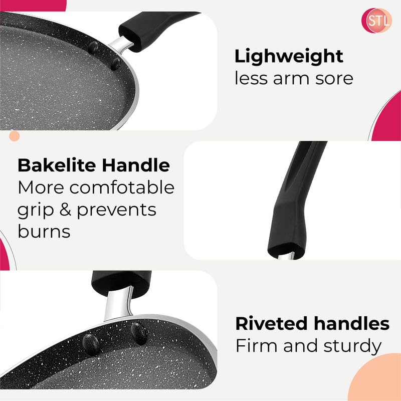 STL Non-Stick Crepe and Pancake Frying Pan, Flat Aluminum Skillet for Omelets, Chapati, Roti and Tawa, Induction Compatible, PFOA-Free, Cool Touch Handle