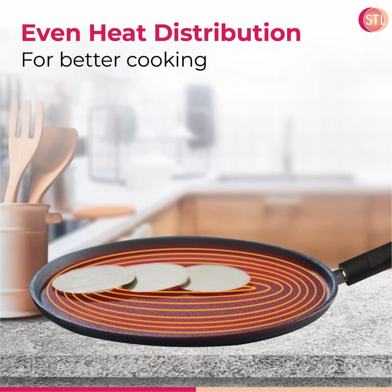 STL Non-Stick Flat Aluminum Dosa Tawa, Perfect Skillet for Crepes, Pancakes, Roti, and Chapati, PFOA-Free, Induction Compatible, with Cool-Touch Handle