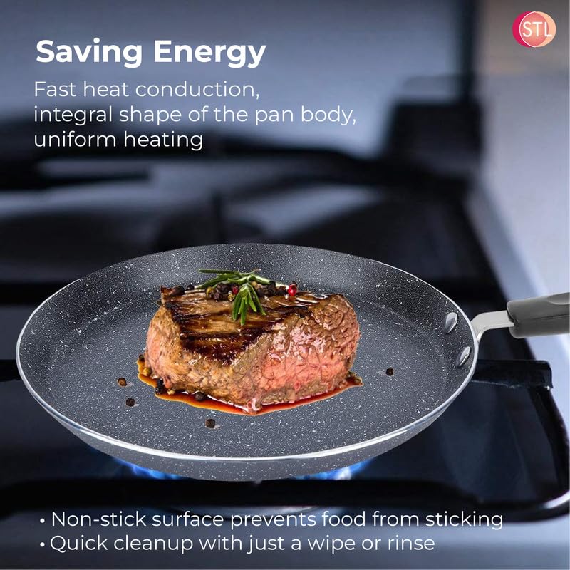 STL Non-Stick Crepe and Pancake Frying Pan, Flat Aluminum Skillet for Omelets, Chapati, Roti and Tawa, Induction Compatible, PFOA-Free, Cool Touch Handle