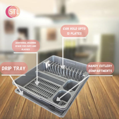 STL Plastic Dish Drying Rack with Drainer Tray - 13 Plate Capacity - 5 Color Options - Washing up rack - Kitchen Organizer