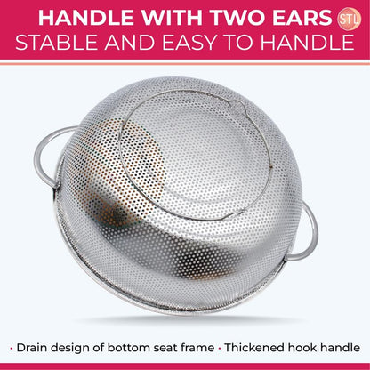 STL Steel Colander with Double Handles 16.5cm, Micro-Perforated for Draining Pasta, Rice, Fruits, Vegetables, Dishwasher Safe Kitchen Strainer, Metal Food Filter, Easy to Clean and Durable