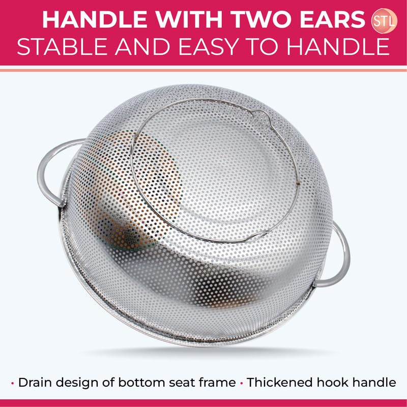 STL Steel Colander with Double Handles 16.5cm, Micro-Perforated for Draining Pasta, Rice, Fruits, Vegetables, Dishwasher Safe Kitchen Strainer, Metal Food Filter, Easy to Clean and Durable