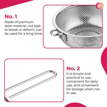 STL Steel Colander with Long Handles and Deep Base Micro-Perforated Strainer for Draining Pasta, Rice, Vegetables & Fruits, Dishwasher Safe Kitchen Metal Food Filter, Easy to Clean and Durable