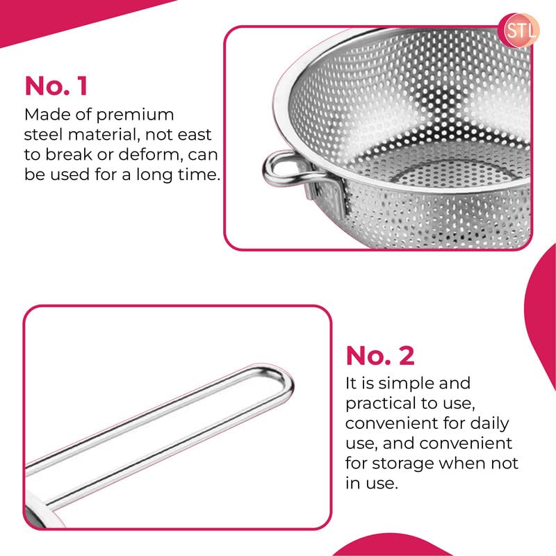 STL Steel Colander with Long Handles and Deep Base Micro-Perforated Strainer for Draining Pasta, Rice, Vegetables & Fruits, Dishwasher Safe Kitchen Metal Food Filter, Easy to Clean and Durable