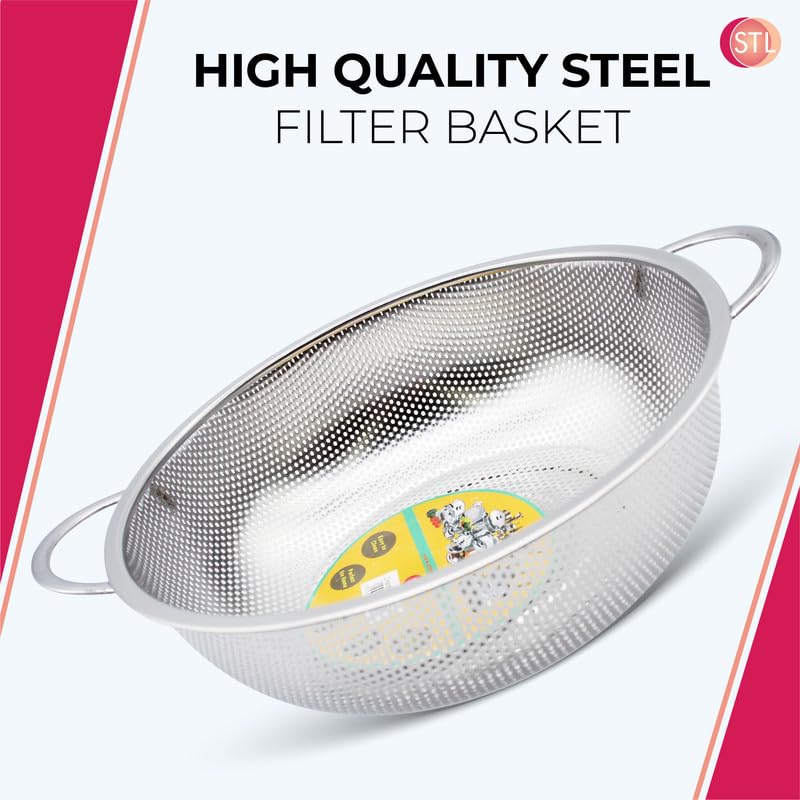 STL Steel Colander with Double Handles 16.5cm, Micro-Perforated for Draining Pasta, Rice, Fruits, Vegetables, Dishwasher Safe Kitchen Strainer, Metal Food Filter, Easy to Clean and Durable