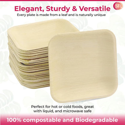 STL Disposable Square Palm Leaf Plates, Microwave & Oven Safe Durable Dinnerware for Hot and Cold Foods, Perfect for Weddings, Parties, and Outdoor Events