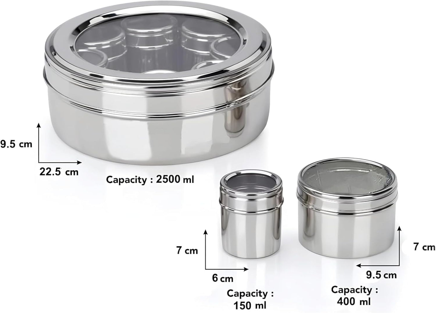 STL Masala Dabba (Spice Box) | Authentic Indian Style Stainless Steel Masala Dabba | with 7 Removable Compartments & 2 Spoons | See through Lid |
