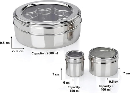 STL Masala Dabba (Spice Box) | Authentic Indian Style Stainless Steel Masala Dabba | with 7 Removable Compartments & 2 Spoons | See through Lid |