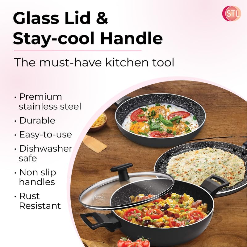 Glaze Non-Stick Fry Pan with Glass Lid, Durable Aluminum Skillet with Cool-Touch Handle, Scratch-Resistant, PFOA-Free, Compatible with Induction, Gas, and Electric Stoves