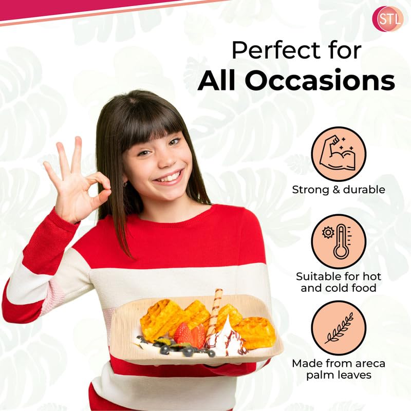 STL Disposable Square Palm Leaf Plates, Microwave & Oven Safe Durable Dinnerware for Hot and Cold Foods, Perfect for Weddings, Parties, and Outdoor Events