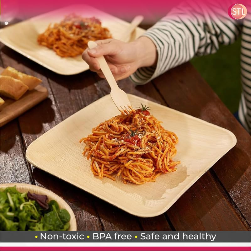 STL Disposable Square Palm Leaf Plates, Microwave & Oven Safe Durable Dinnerware for Hot and Cold Foods, Perfect for Weddings, Parties, and Outdoor Events