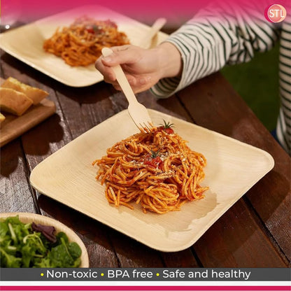 STL Disposable Square Palm Leaf Plates, Microwave & Oven Safe Durable Dinnerware for Hot and Cold Foods, Perfect for Weddings, Parties, and Outdoor Events