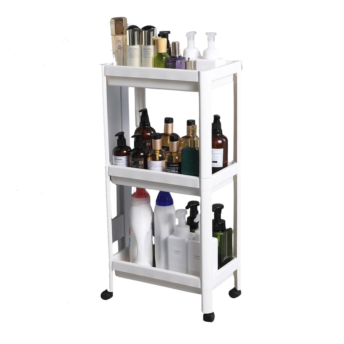 STL 3-Tier Plastic Storage Cart with 2 Sturdy Handle, Rolling Utility Cart with 3 Baskets, Space Saving Organizer for Kitchen, Bathroom, Office and Living Room