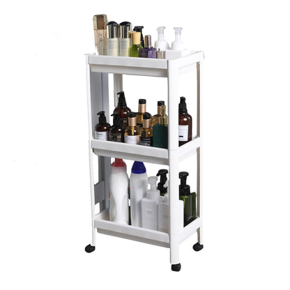 STL 3-Tier Plastic Storage Cart with 2 Sturdy Handle, Rolling Utility Cart with 3 Baskets, Space Saving Organizer for Kitchen, Bathroom, Office and Living Room