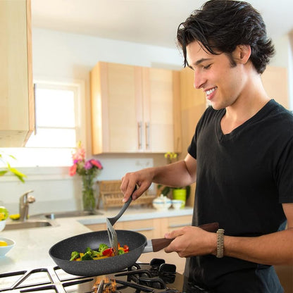 STL Copper Frying Pan Non-Stick, Durable, Wooden Handle, Anti-Scratch Granite Coating, Compatible with Induction, Electric & Gas Hobs, Ergonomic Soft Grip