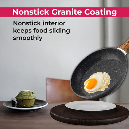 STL Copper Frying Pan Non-Stick, Durable, Wooden Handle, Anti-Scratch Granite Coating, Compatible with Induction, Electric & Gas Hobs, Ergonomic Soft Grip