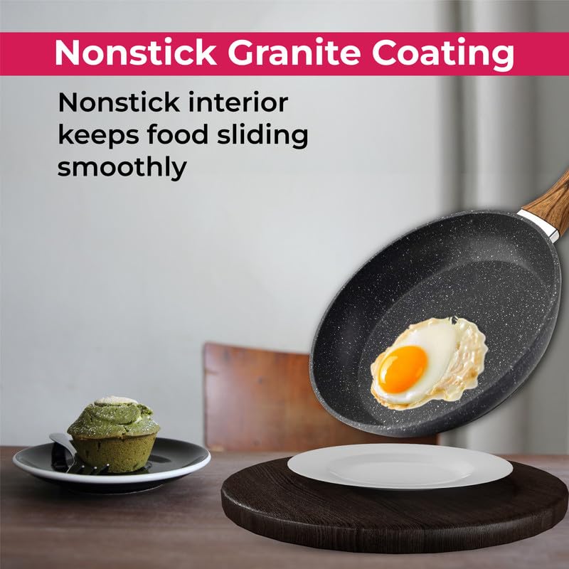 STL Copper Frying Pan Non-Stick, Durable, Wooden Handle, Anti-Scratch Granite Coating, Compatible with Induction, Electric & Gas Hobs, Ergonomic Soft Grip