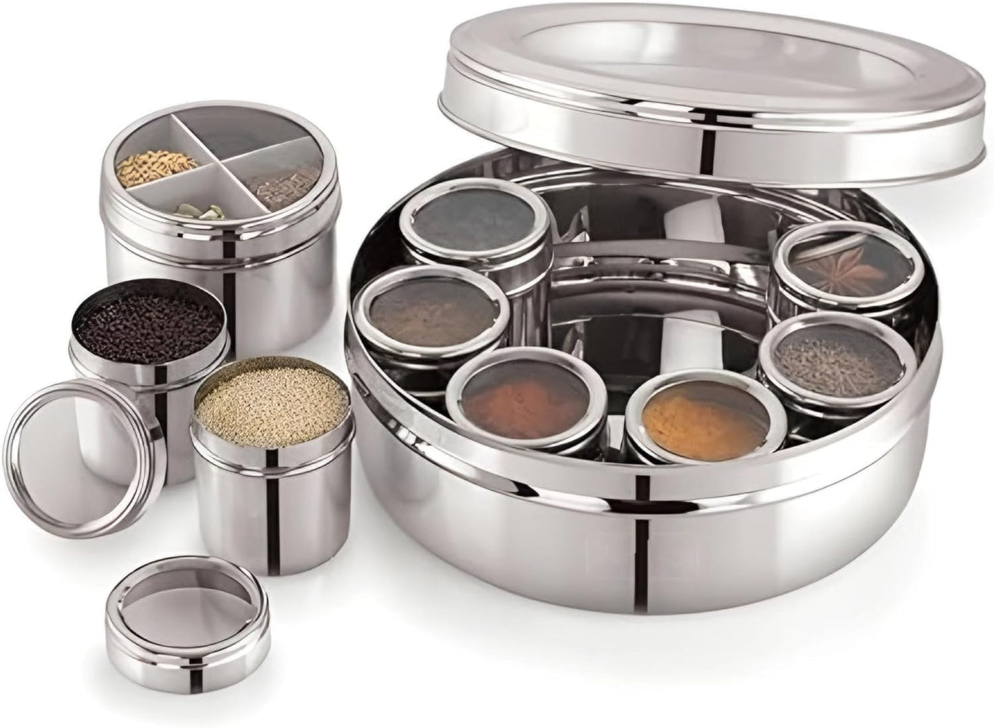 STL Masala Dabba (Spice Box) | Authentic Indian Style Stainless Steel Masala Dabba | with 7 Removable Compartments & 2 Spoons | See through Lid |