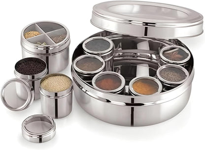 STL Masala Dabba (Spice Box) | Authentic Indian Style Stainless Steel Masala Dabba | with 7 Removable Compartments & 2 Spoons | See through Lid |