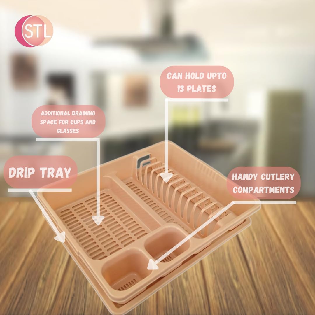 STL Plastic Dish Drying Rack with Drainer Tray - 13 Plate Capacity - 5 Color Options - Washing up rack - Kitchen Organizer