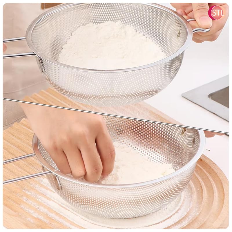 STL Steel Colander with Long Handles and Deep Base Micro-Perforated Strainer for Draining Pasta, Rice, Vegetables & Fruits, Dishwasher Safe Kitchen Metal Food Filter, Easy to Clean and Durable