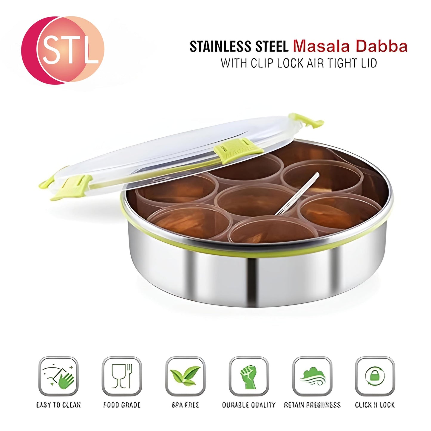 STL Masala Dabba (Spice Box) | Authentic Indian Style Stainless Steel Masala Dabba | with 7 Removable Compartments & 2 Spoons | See through Lid |