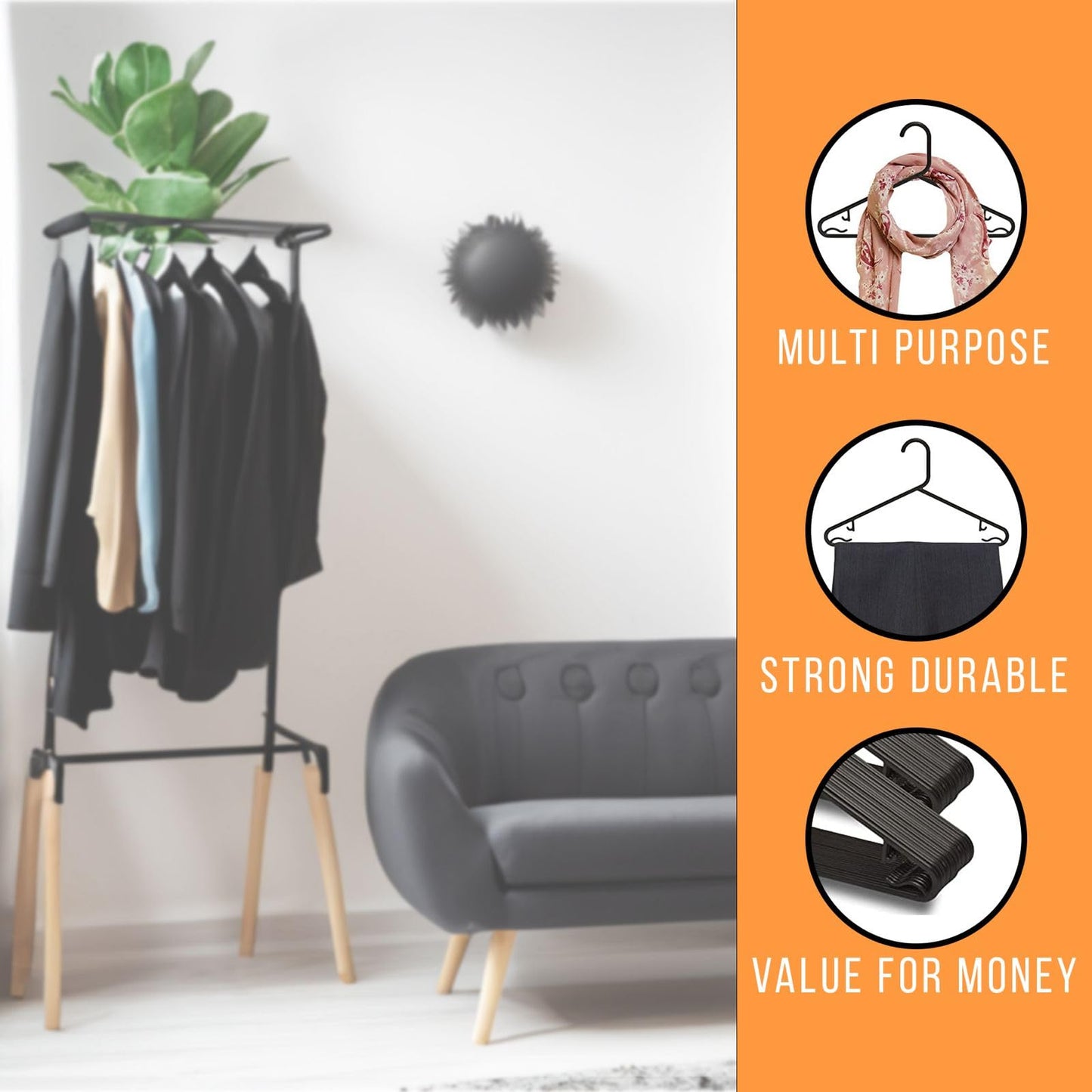 STL Adult Plastic Coat Hangers - Premium Space-Saving Wardrobe Organizer with Strap Hooks and Secure Lip