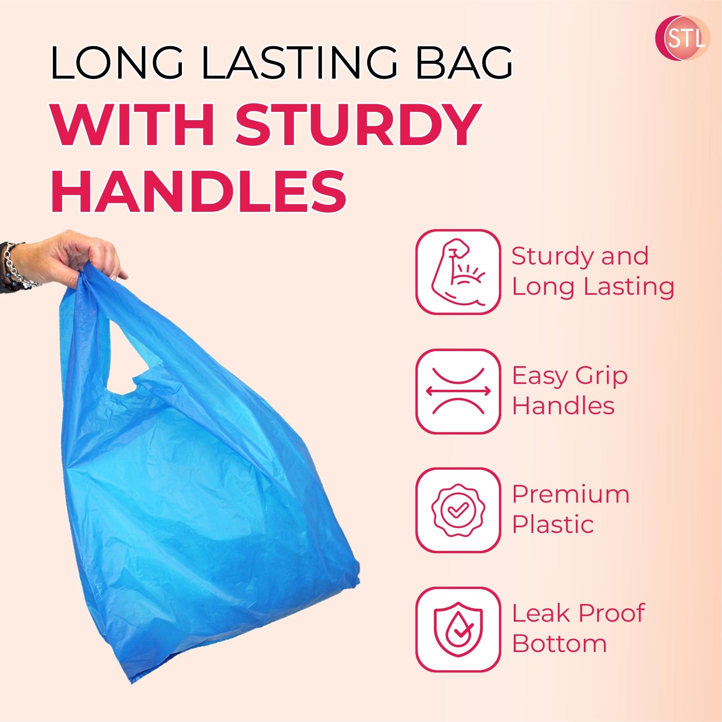 STL Heavy-Duty Blue Plastic Vest Carrier Bags with Handles, Tear-Resistant and Leak-Proof Multi-Purpose Bags for Groceries, Shopping, Takeaways, and Storage