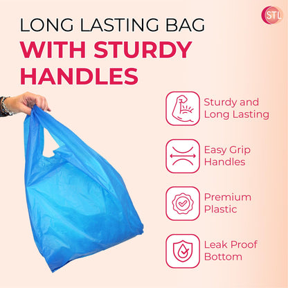 STL Heavy-Duty Blue Plastic Vest Carrier Bags with Handles, Tear-Resistant and Leak-Proof Multi-Purpose Bags for Groceries, Shopping, Takeaways, and Storage