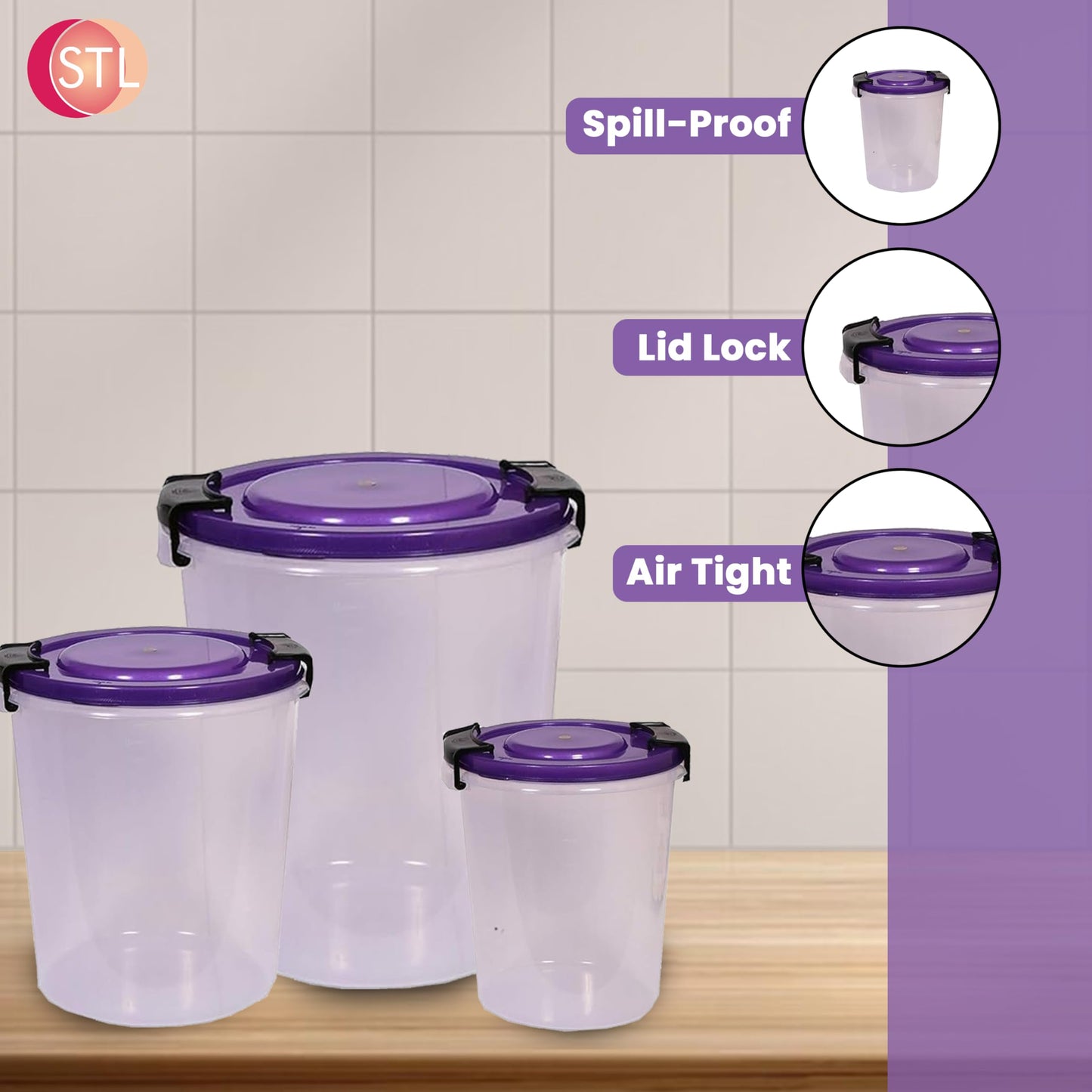 STL Set of 3 Round Plastic Kitchen Food Storage Container Set with Lids(10Ltr,16Ltr,25Ltr) | Airtight & Leakproof Storage Containers | Microwave,Freezer&Dishwasher Safe