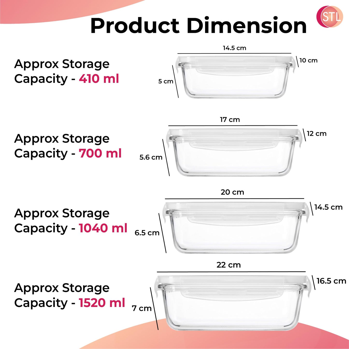 STL Food Storage Containers Smart-Locking System Lid For Lunch Boxes Kitchen, Pantry Microwave & Freezer Safe - Glass Leak Proof containers BPA Free