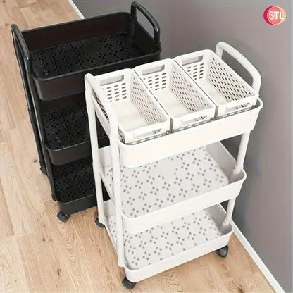 STL 3-Tier Plastic Storage Cart with 2 Sturdy Handle, Rolling Utility Cart with 3 Baskets, Space Saving Organizer for Kitchen, Bathroom, Office and Living Room
