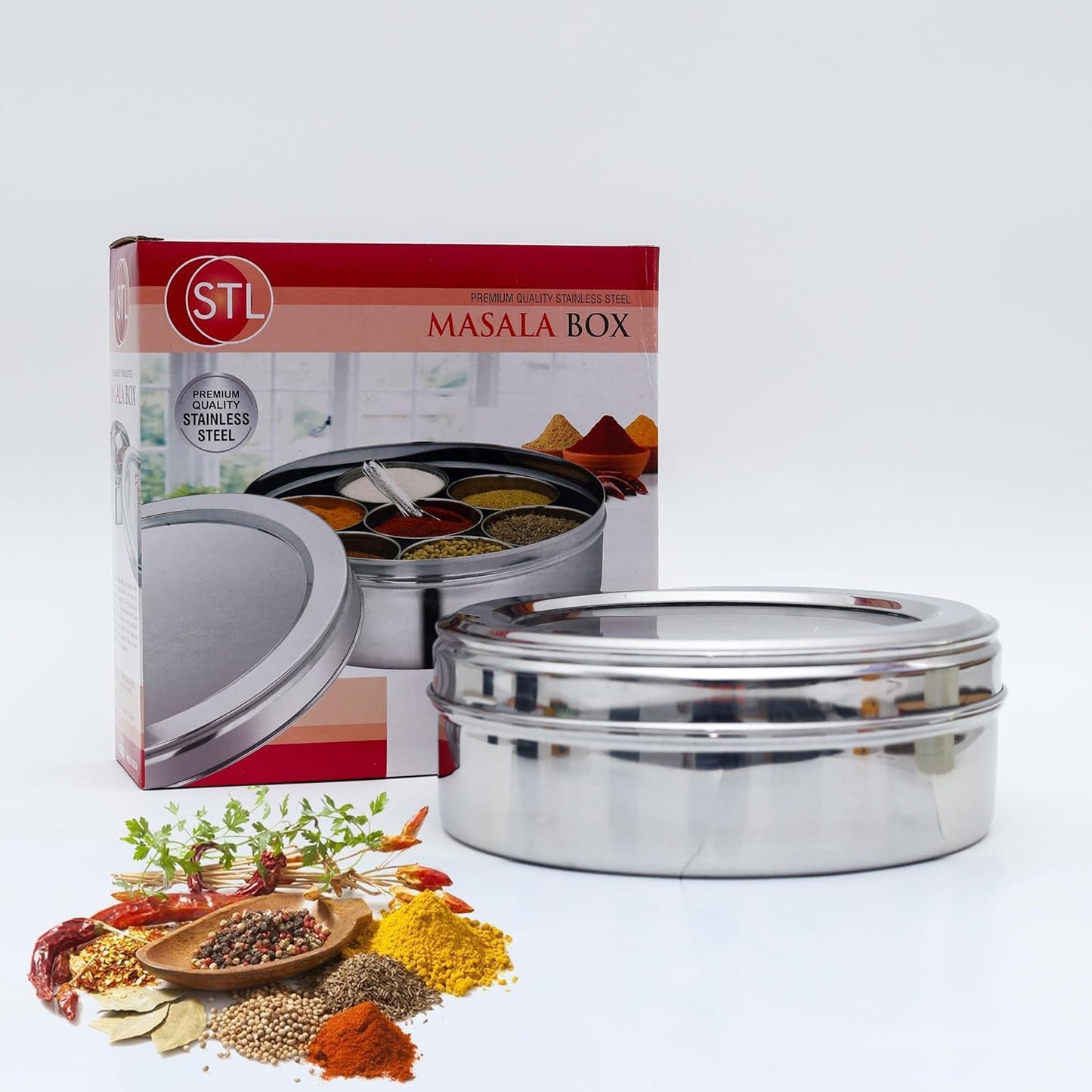 STL Masala Dabba (Spice Box) | Authentic Indian Style Stainless Steel Masala Dabba | with 7 Removable Compartments & 2 Spoons | See through Lid |