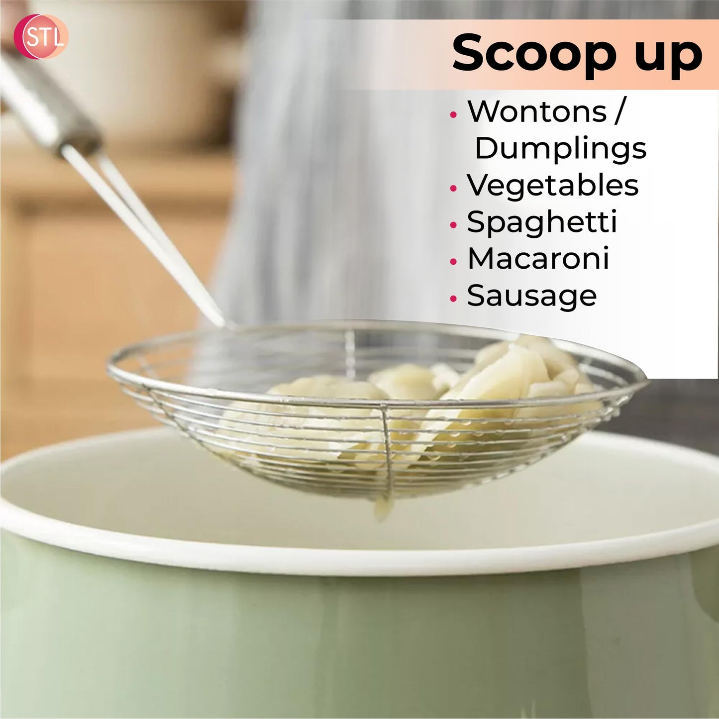 STL Steel Strainer Skimmer Ladle with Ergonomic Handle, Spider Mesh Filter, Solid Utensils Slotted Spoon for Kitchen, Frying Food, Pasta, Noodles, Spaghetti