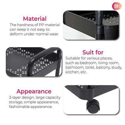 STL 3-Tier Plastic Storage Cart with 2 Sturdy Handle, Rolling Utility Cart with 3 Baskets, Space Saving Organizer for Kitchen, Bathroom, Office and Living Room